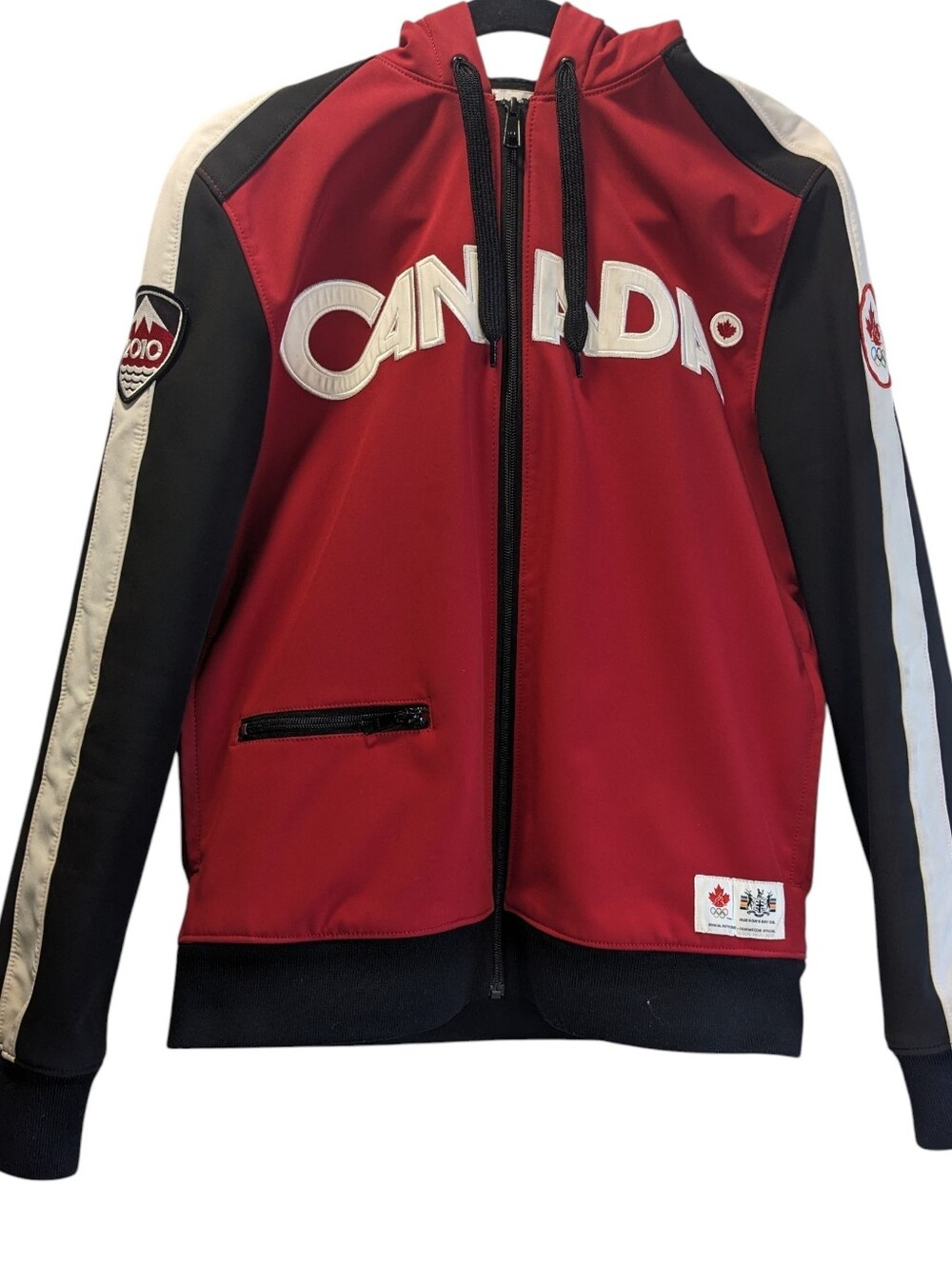 2010 Olympic Canada Men's Red & Black Varsity Bomber Jacket Size S Flaw